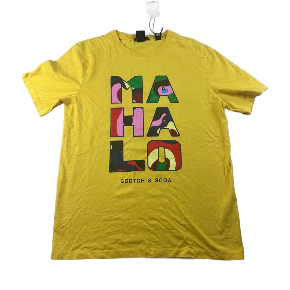 Scotch & Soda T-Shirt Men L Yellow Mahalo Graphic Tee A Hui Hou Hawaii Island